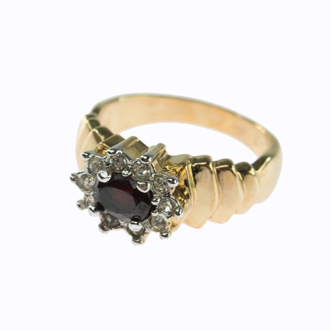 Vintage Ring Genuine Garnet and Clear Swarovski Crystals 18kt Gold Plated Band January Birthstone R2950 Size: 10
