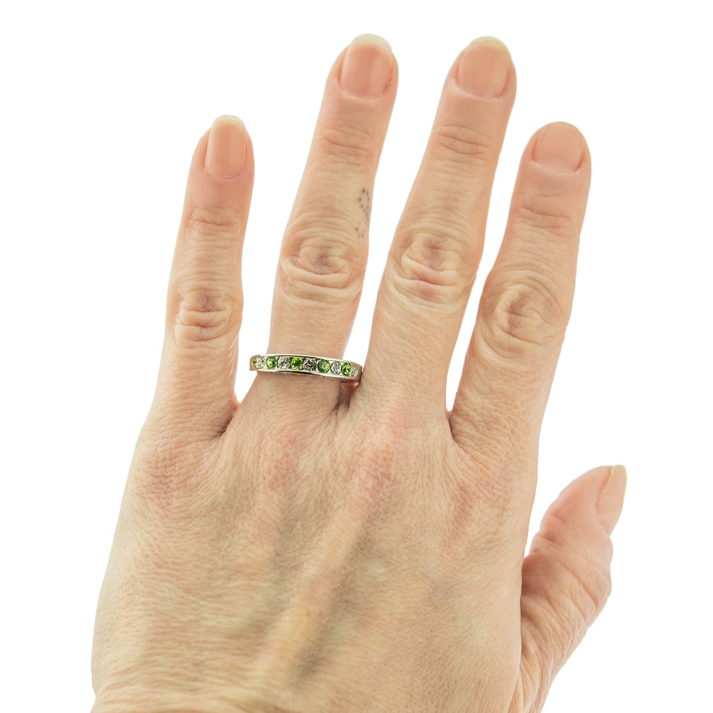 Vintage Ring 1980s I Love You Ring Band Ring Peridot and Clear Swarovski Crystals Imported #R4578-PW Size: 7