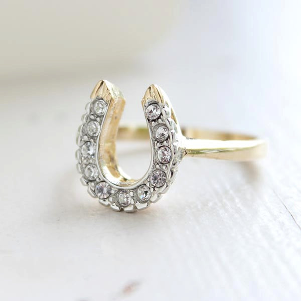 Vintage Ring 1970s Lucky Horseshoe Ring Austrian Crystals 18k Gold Antique Womans Jewelry Horse