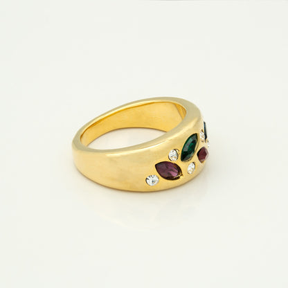 Vintage Ring Multi Colored Rainbow Style Austrian Crystals 18k Gold 1970s Era #R1551 Size: 4