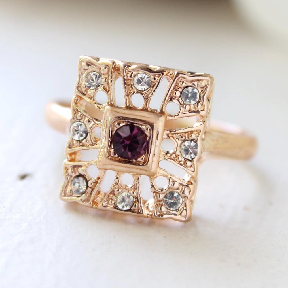Vintage 1970s Ring Amethyst and Clear Swarovski Crystals 18k Gold  Size 10 Only February Birthstone #R1263