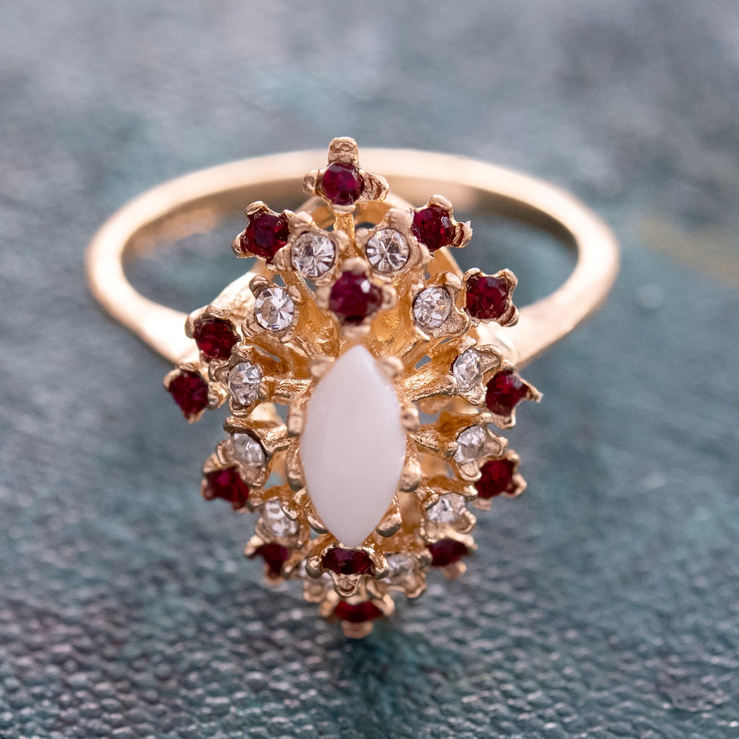Vintage Ring Genuine Opal with Clear and Ruby Austrian Crystals 18kt Yellow Gold Electroplated