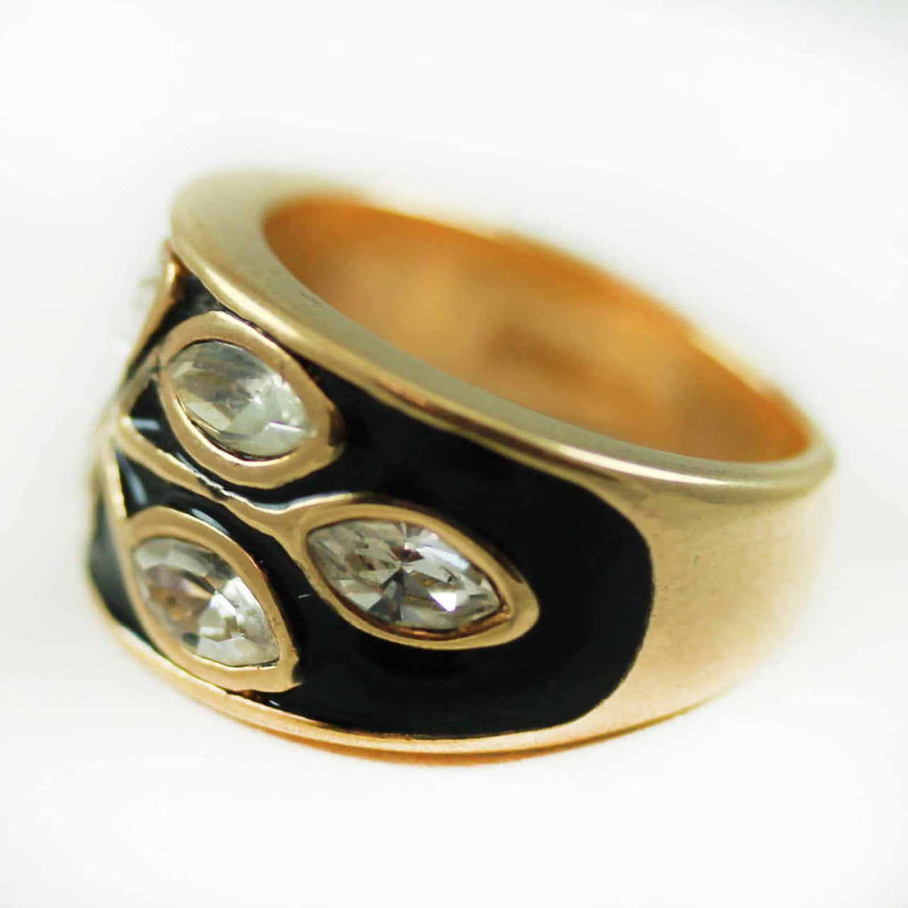 Vintage 1980's Black Enamel Ring with Clear Austrian Crystals Leaf Motif 18k Gold Plated