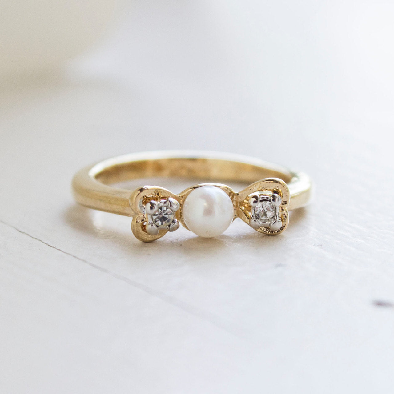 A Vintage Ring Pearl Bead Ring with Swarovski Crystal Accents 18k Gold Pearl Jewelry for Women #R1704 Size: 3