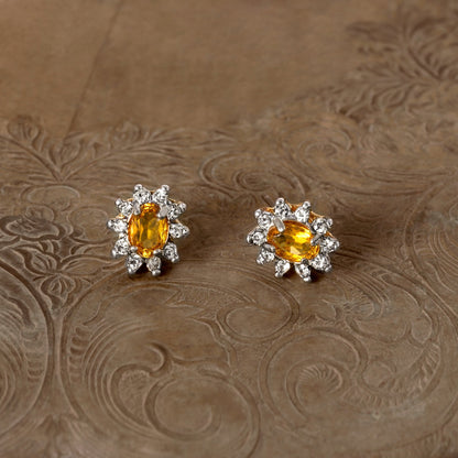 Vintage Genuine Garnet or Light Topaz Crystal Surrounded by Austrian Crystal Earrings 18k Yellow Gold Electroplated