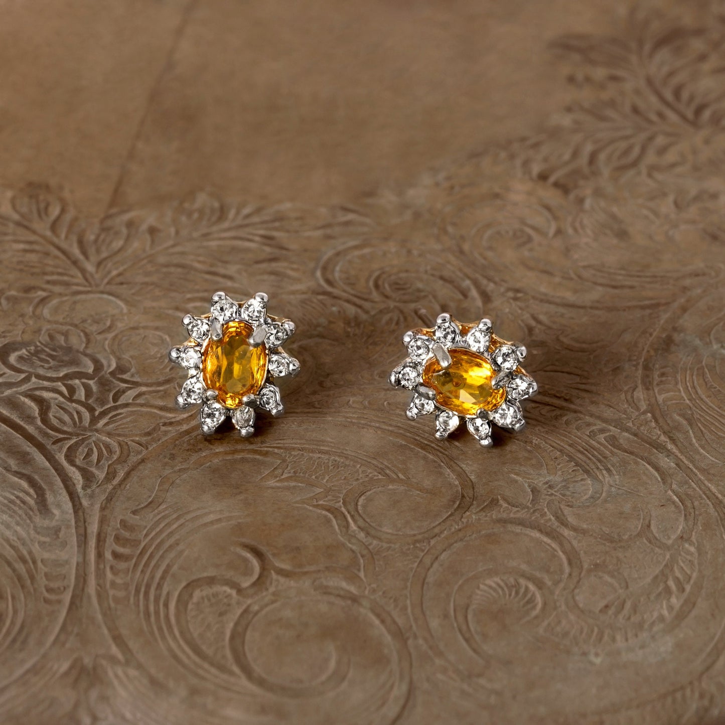 Vintage Genuine Garnet or Light Topaz Crystal Surrounded by Austrian Crystal Earrings 18k Yellow Gold Electroplated