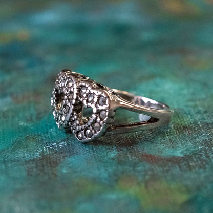 Vintage Ring Genuine Marcasite Double Heart Ring Antique 18k White Gold Silver Antique Womans Jewelry R1758 Size: 6