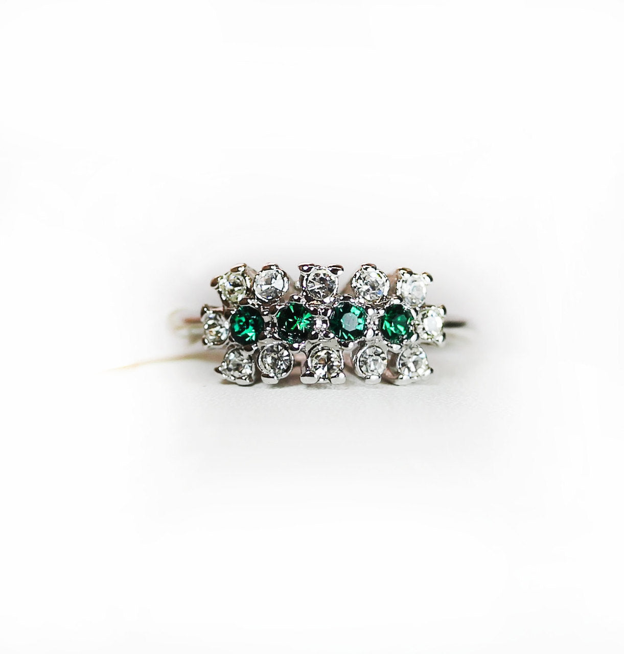 Vintage Ring Emerald and Clear Austrian Crystals 18k White Gold Electroplated Cluster Made in USA