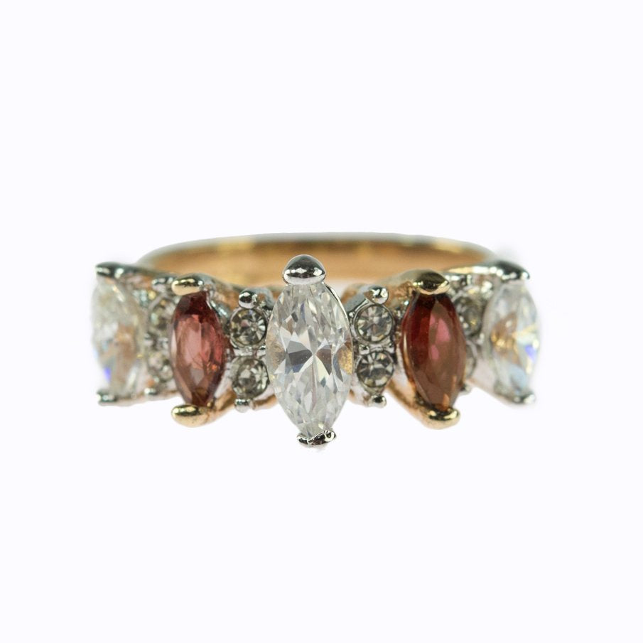 Vintage Genuine Garnet and Clear Cubic Zirconia Cocktail Ring 18k Yellow Gold Electroplated