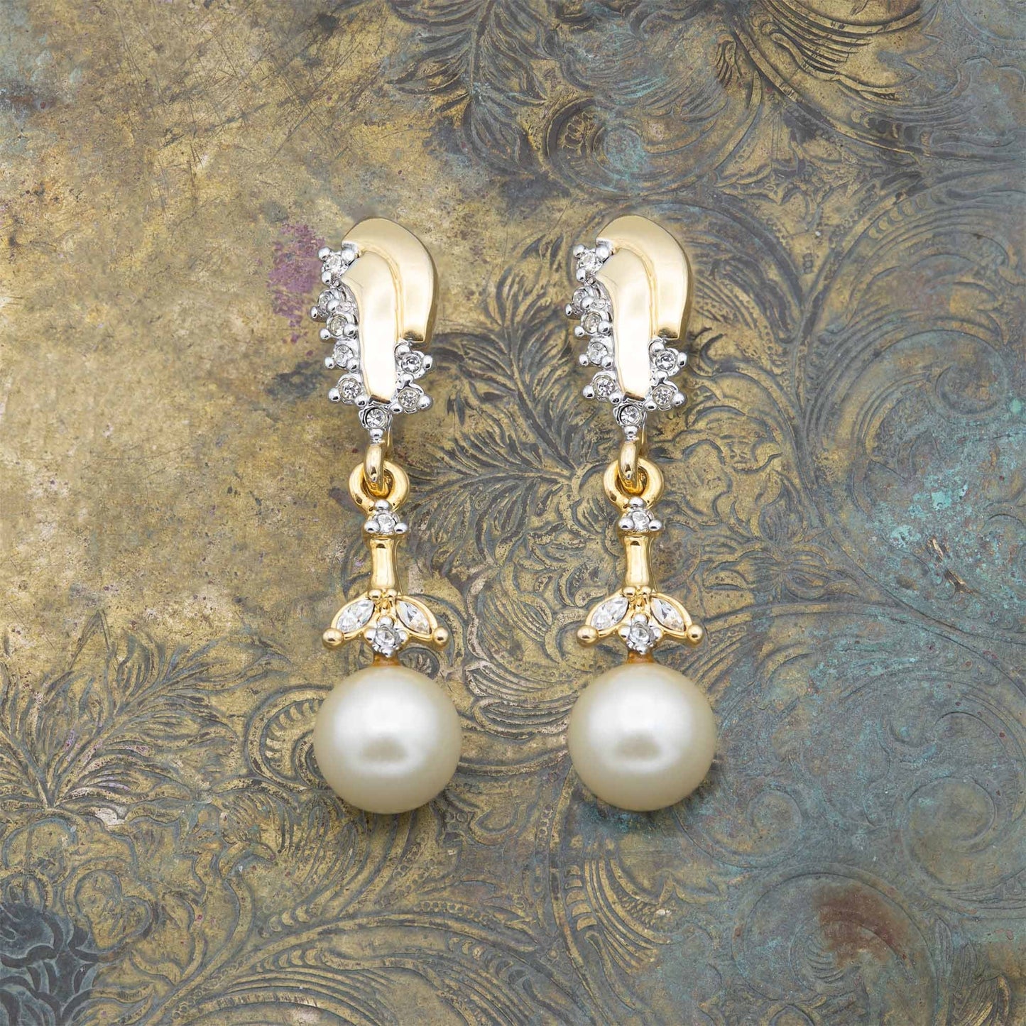 Vintage Gold Pearl Dangle Earrings E4025-P Antique Womans Jewelry Earrings