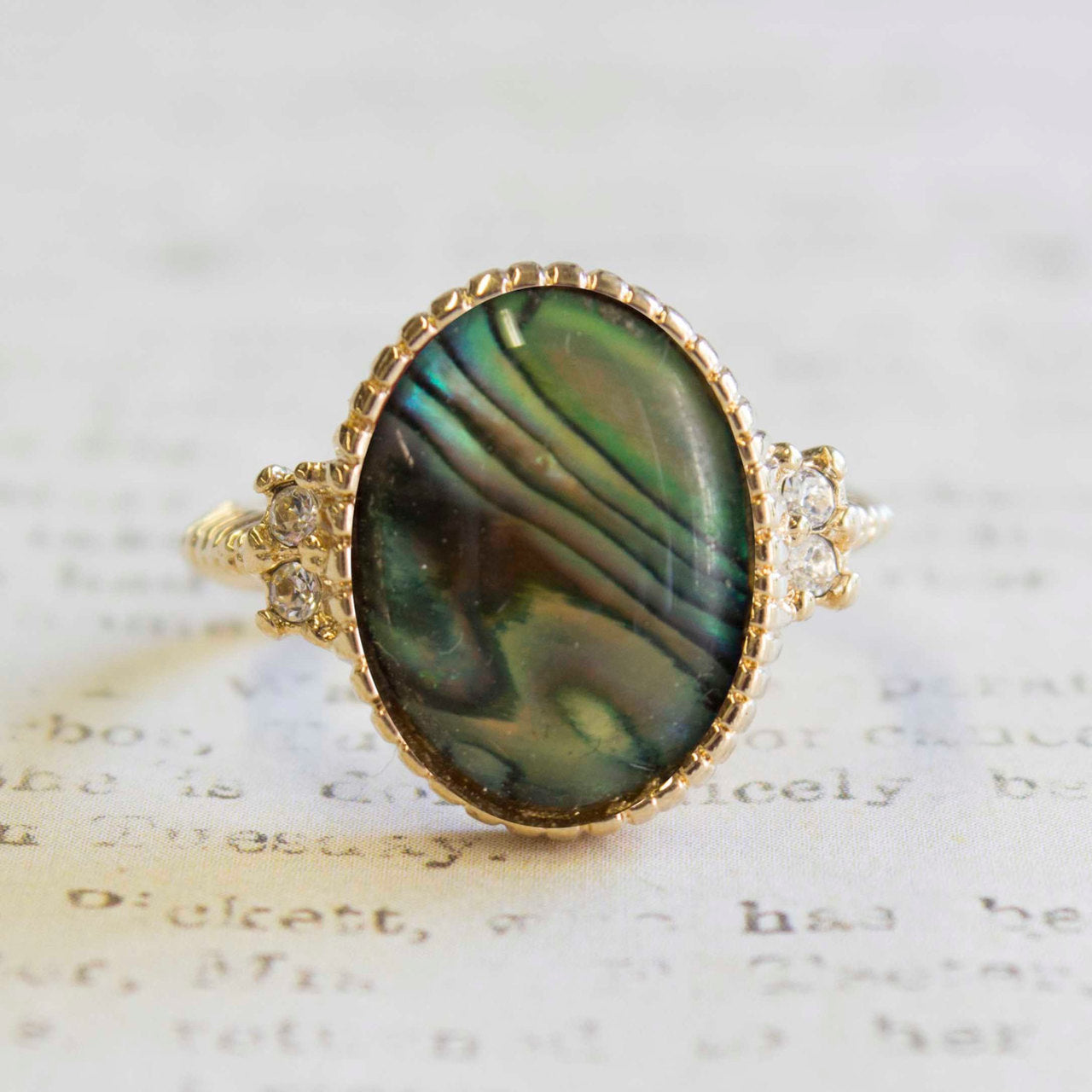 Vintage Art Deco Ring Genuine Abalone Shell and Austrian Crystals 18k Yellow Gold Electroplated Size: 7