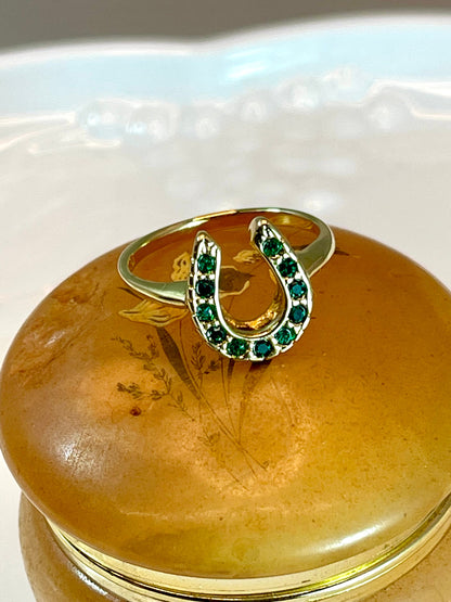 Vintage Ring 1970s Lucky Horseshoe Ring Austrian Crystals 18k Gold Antique Womans Jewelry Horse