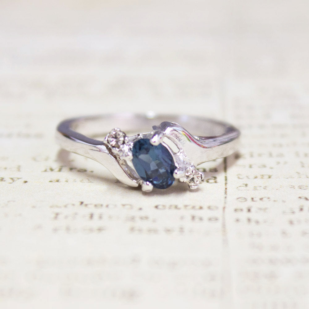 Vintage Ring Sapphire & Clear Austrian Crystals 18k White Gold Electroplated September Birthstone