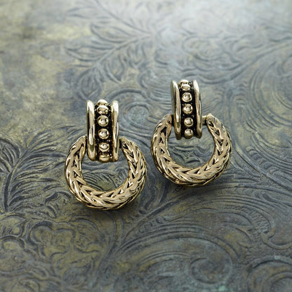 Vintage Oscar De La Renta Antiqued Gold Tone Braided Dangling Hoops Earrings
