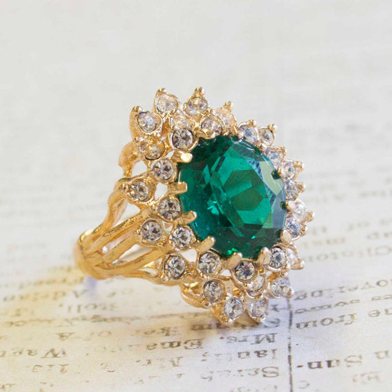 Vintage Emerald and Clear Austrian Crystal Cocktail Ring 18k Yellow Gold Electroplated May Birthstone