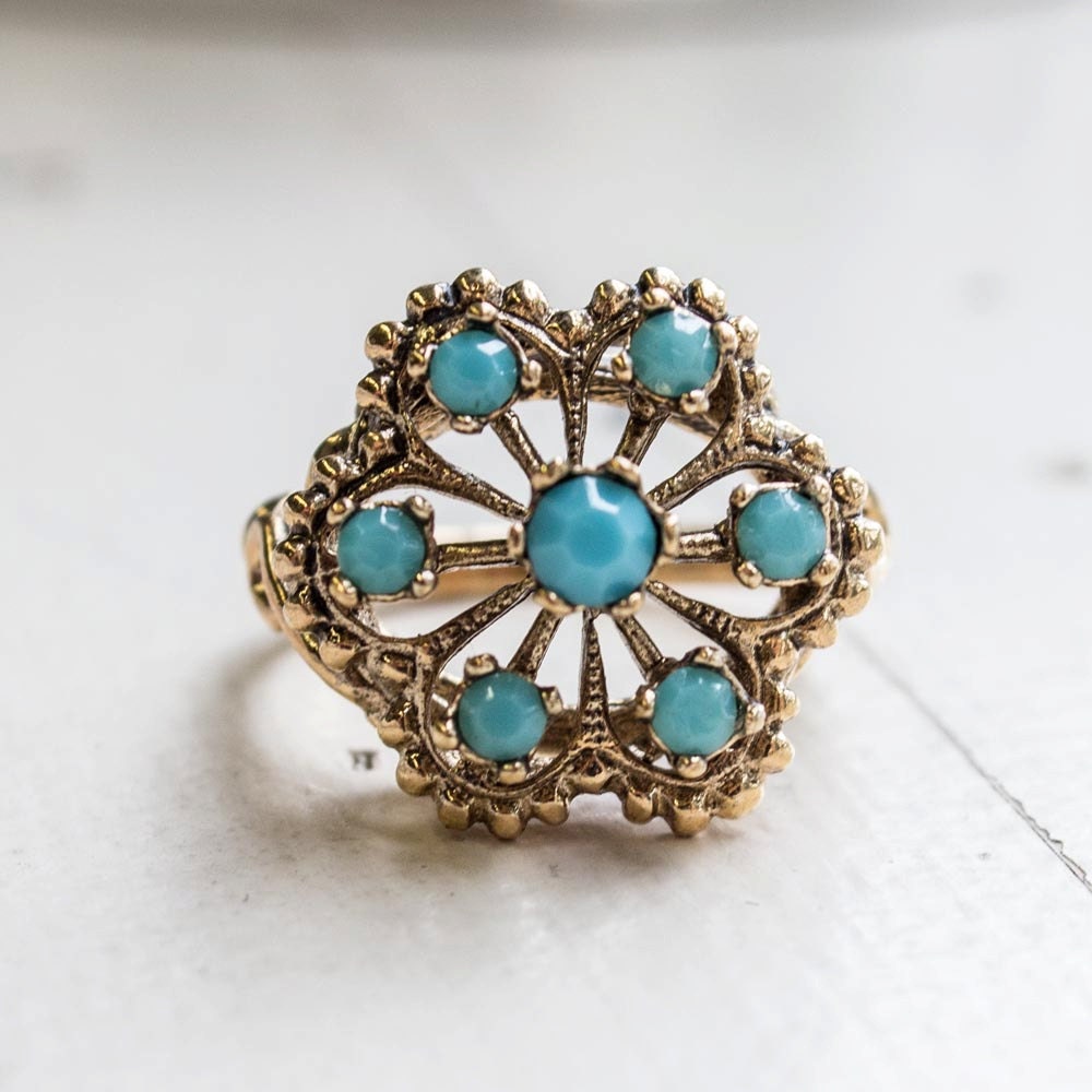 Vintage Ring Filigree Ring Turquoise Beads Antique 18k Gold Edwardian Style Womans Jewelry#R103 - Limited Stock - Never Worn