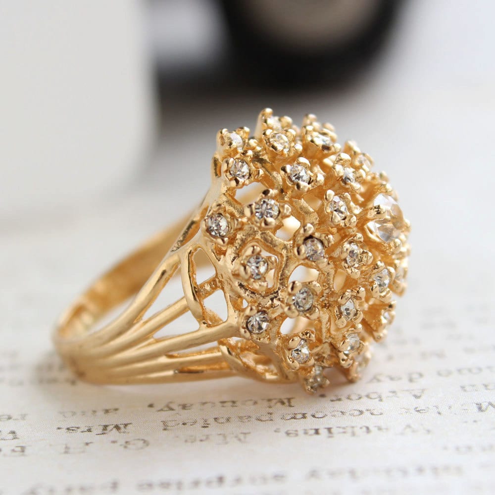 Vintage Ring Cocktail Cluster Ring Clear Swarovski Crystals 18k Gold  #R195 - Limited Stock - Never Worn