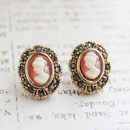 Vintage Cameo Earrings with Genuine Marcasites in Gold Tone, Cameo Earrings #E242