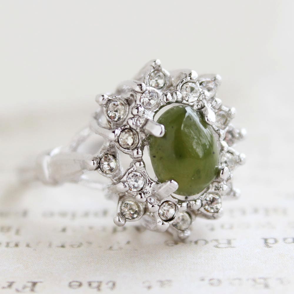 Vintage Ring Genuine Jade with Swarovski Crystals 18k White Gold Cocktail Ring Antique Womans Jewelry #R174