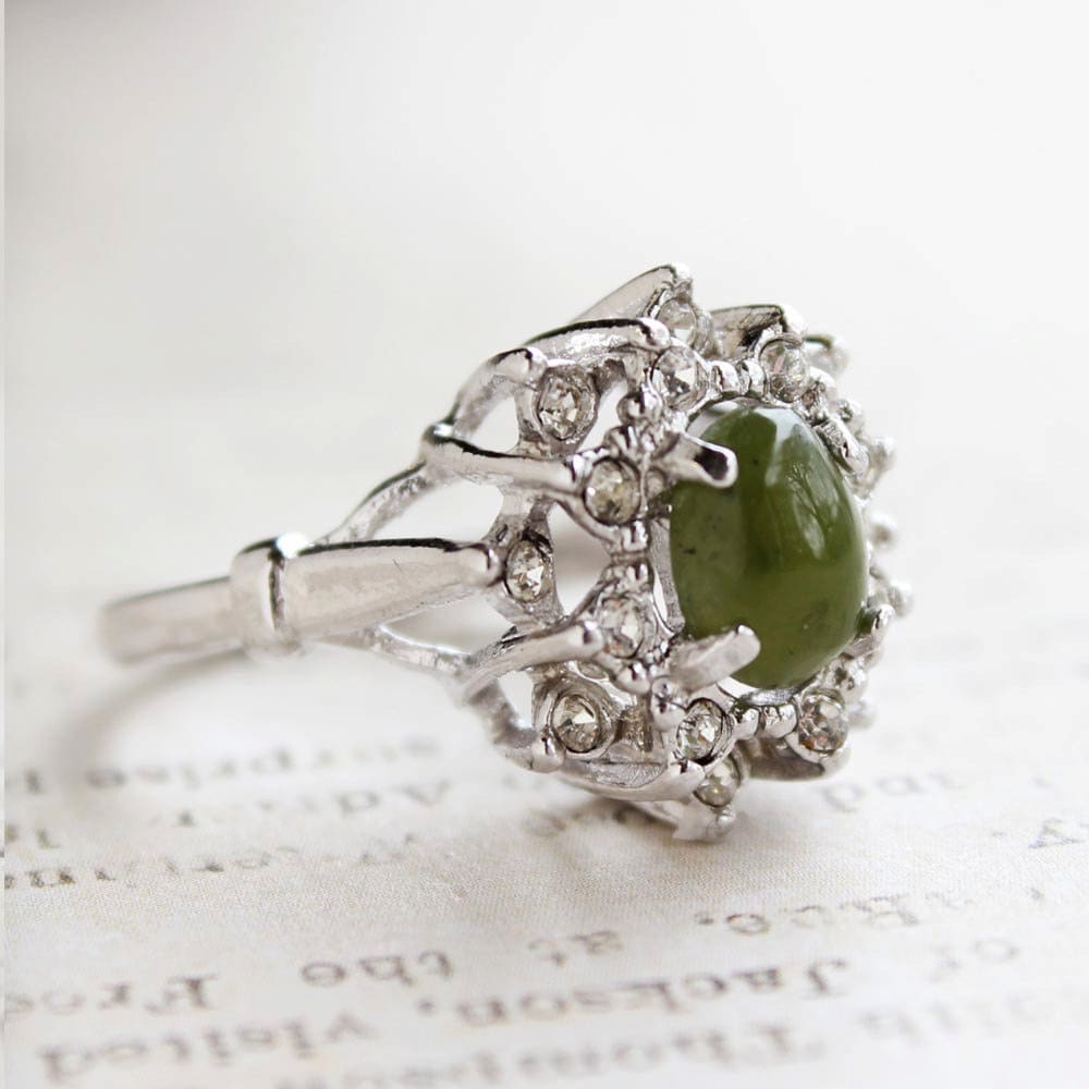 Vintage Ring Genuine Jade with Swarovski Crystals 18k White Gold Cocktail Ring Antique Womans Jewelry #R174 - Limited Stock - Never Worn