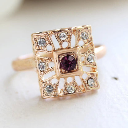 Vintage 1970s Ring Amethyst and Clear Swarovski Crystals 18k Gold  Size 10 Only February Birthstone #R1263