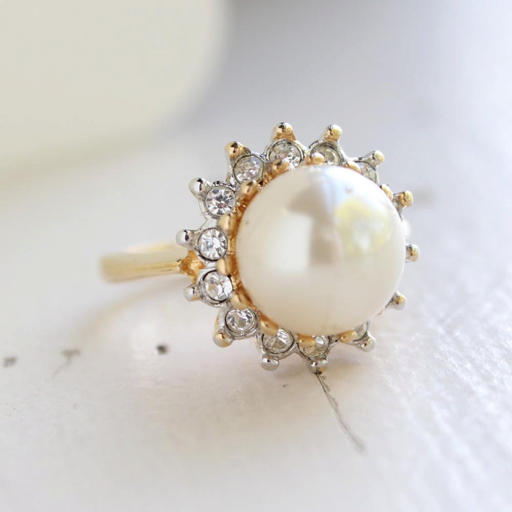 Vintage Ring 1970s Faux Cream Pearl Ring 18k Gold Band with Swarovski Crystals June Birthstone Rings Womans Jewelry #R1273 - LIMITED SUPPLY Size: 6
