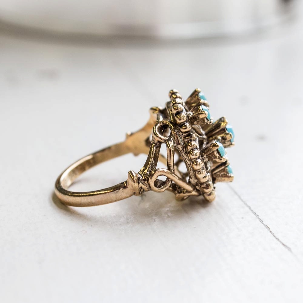 Vintage Ring Filigree Ring Turquoise Beads Antique 18k Gold Edwardian Style Womans Jewelry#R103 - Limited Stock - Never Worn