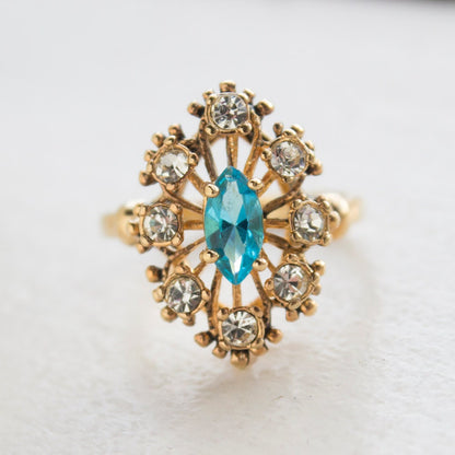 Vintage Ring Cocktail Ring set with Blue Topaz and Clear Swarovski Crystals Antique 18k Gold Jewelry for Woman #R250