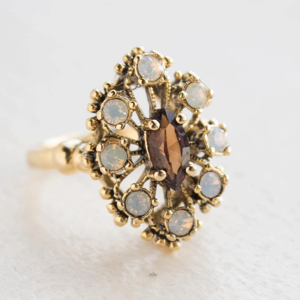 Vintage Ring Cocktail Ring Smoky Topaz Surrounded by Opals Antique 18k Gold Jewelry Womans Handmade Size #R250 - Limited Stock - Never Worn