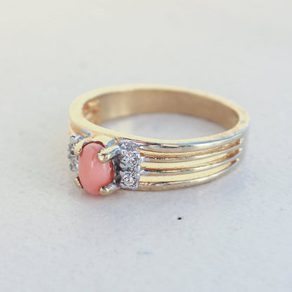 Vintage Ring Genuine Coral and Clear Swarovski Crystals 18k Gold Band Womans Jewelry Antique Stacking #R1318 - Limited Stock - Never Worn