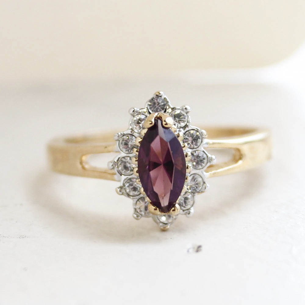 Vintage Ring Amethyst Rings with Clear Swarovski Crystals 18kt Gold February Birthstone Jewelry Womens #R1314 - Limited Stock - Never Worn