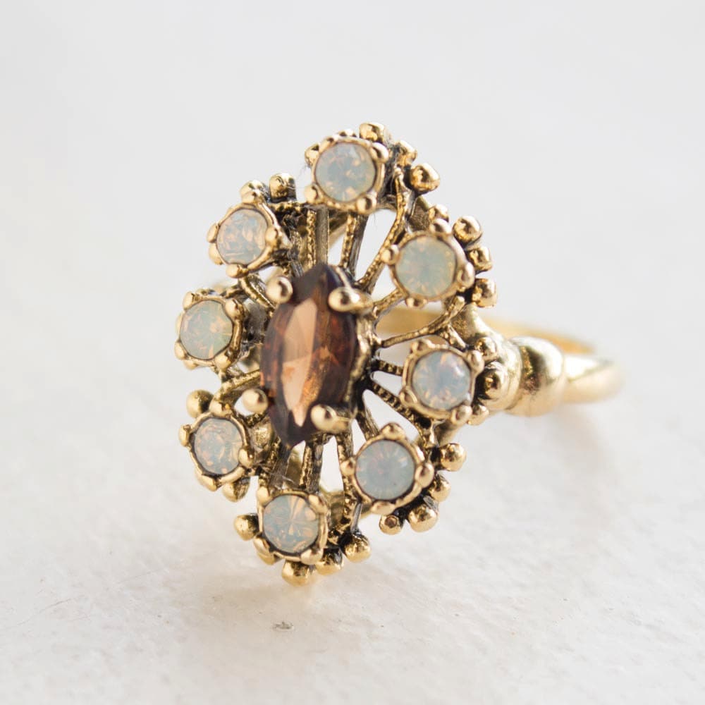 Vintage Ring Cocktail Ring Smoky Topaz Surrounded by Opals Antique 18k Gold Jewelry Womans Handmade Size #R250 - Limited Stock - Never Worn