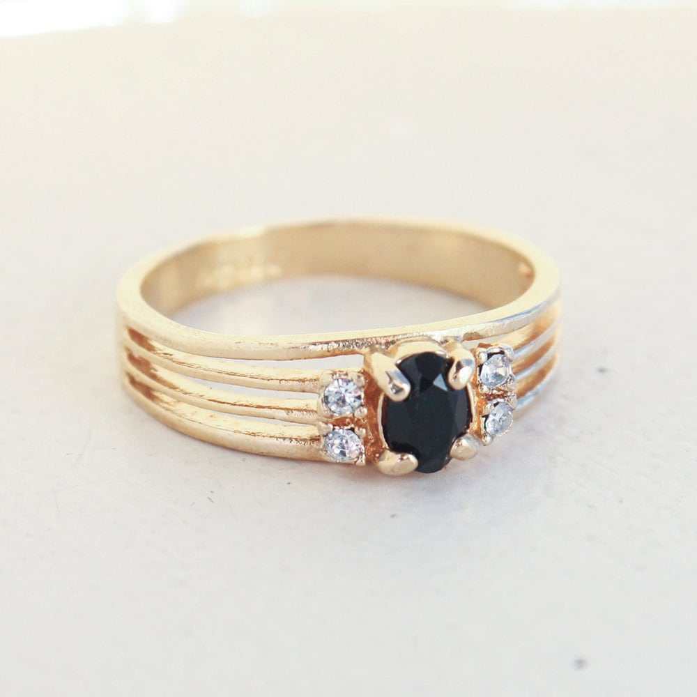 Vintage Ring Jet Black and Clear Swarovski Crystal Ring 18k Gold  #R1318 - Limited Stock - Never Worn