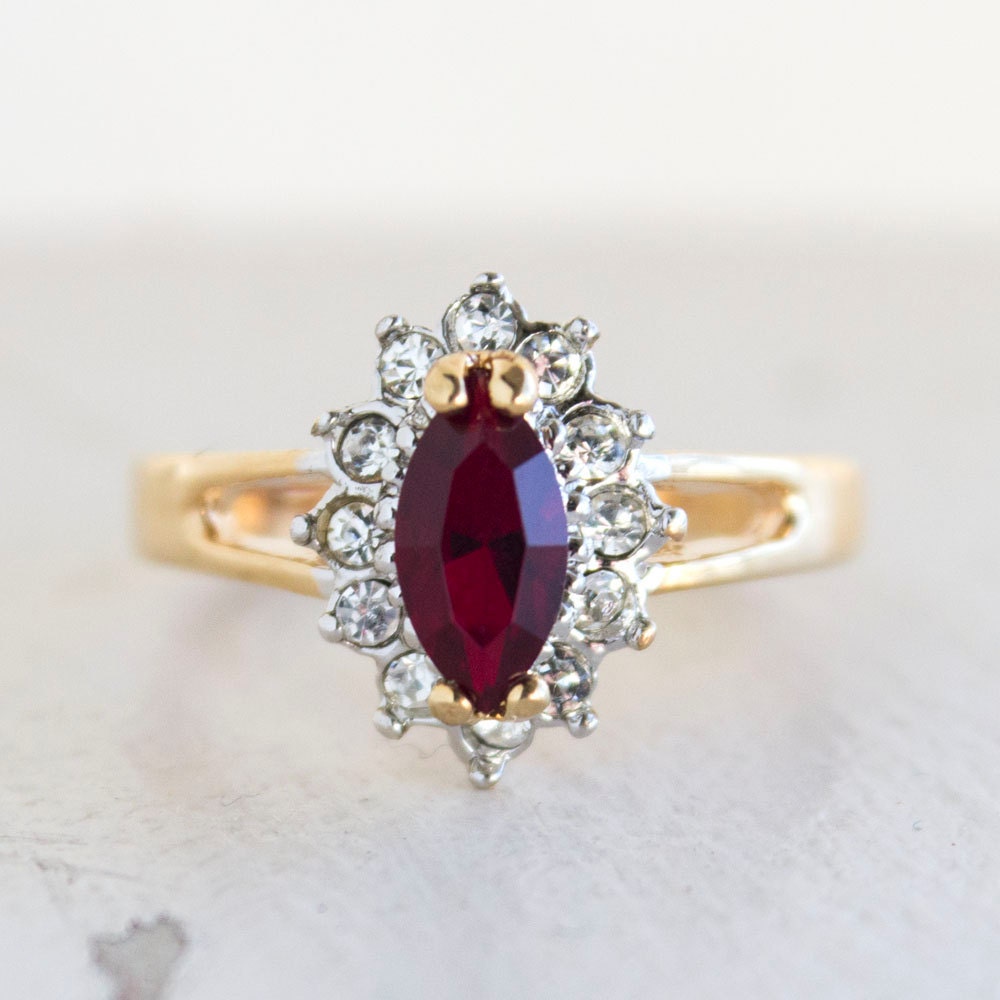Real Vintage Garnet and Clear Swarovski Crystals Antique 18kt Gold Plated Ring January Birthstone Womans Jewelry #R1314 - NEVER WORN