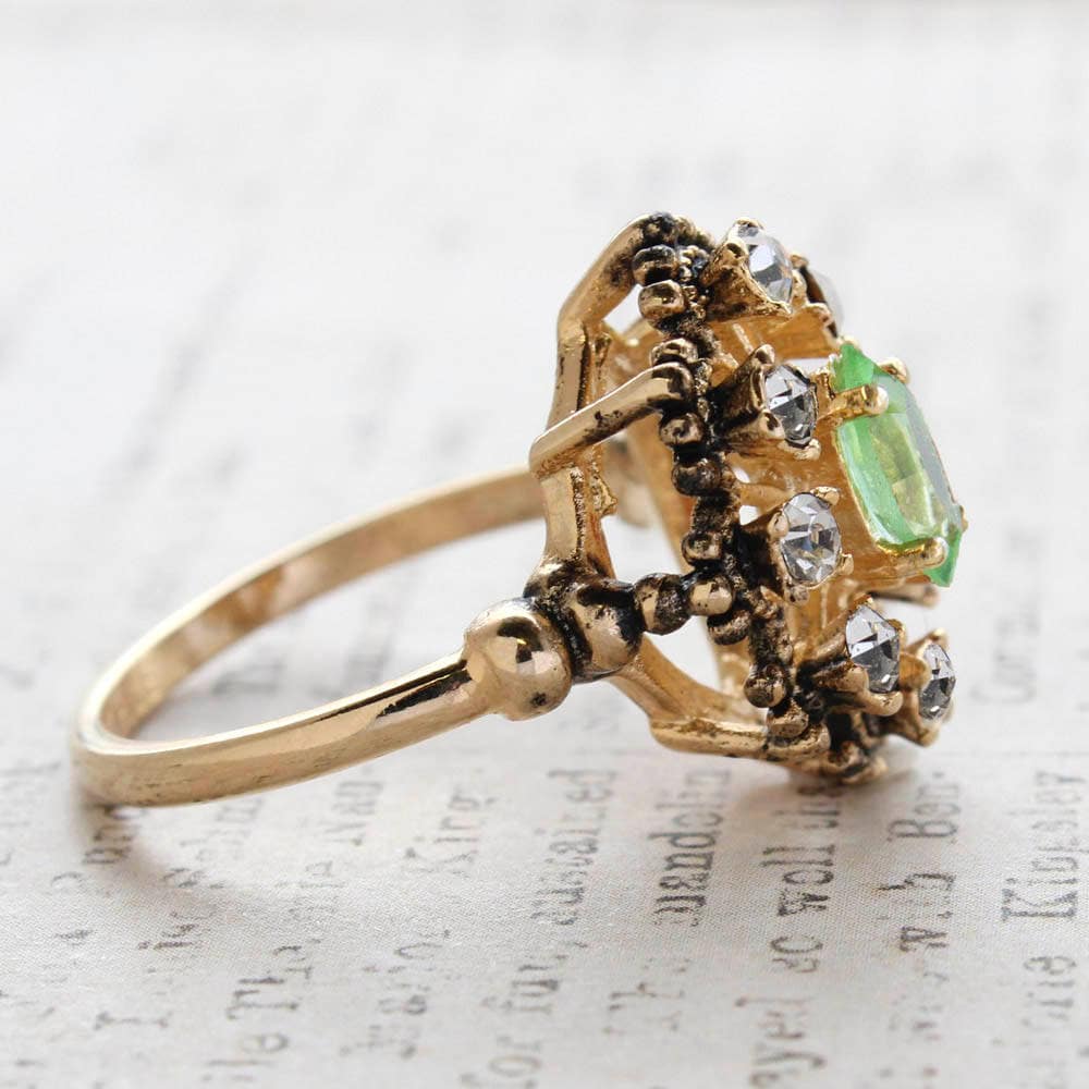 Vintage Ring Filigree Cocktail Ring Peridot Swarovski Crystals and Clear Crystals Antique 18k Gold Plated Antique Womans Jewelry #R250