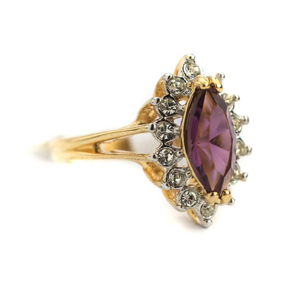 Vintage Ring Amethyst and Clear Swarovski Crystals 18k Gold Plated February Birthstone #R1891 - Limited Stock - Never Worn