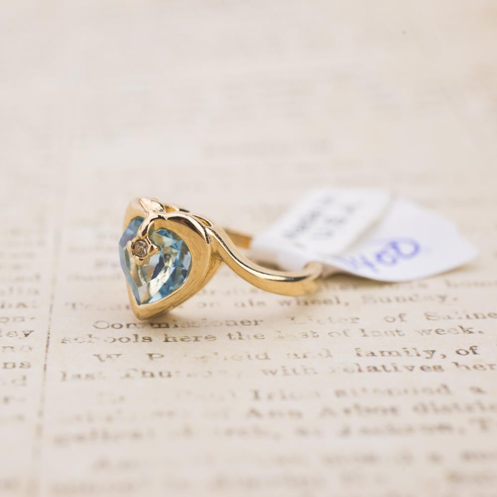Vintage Ring 1970s Heart Shape Ring with Aquamarine Swarovski Crystal 18k Gold Antique Womans Jewlery #R1400 - Limited Stock - Never Worn