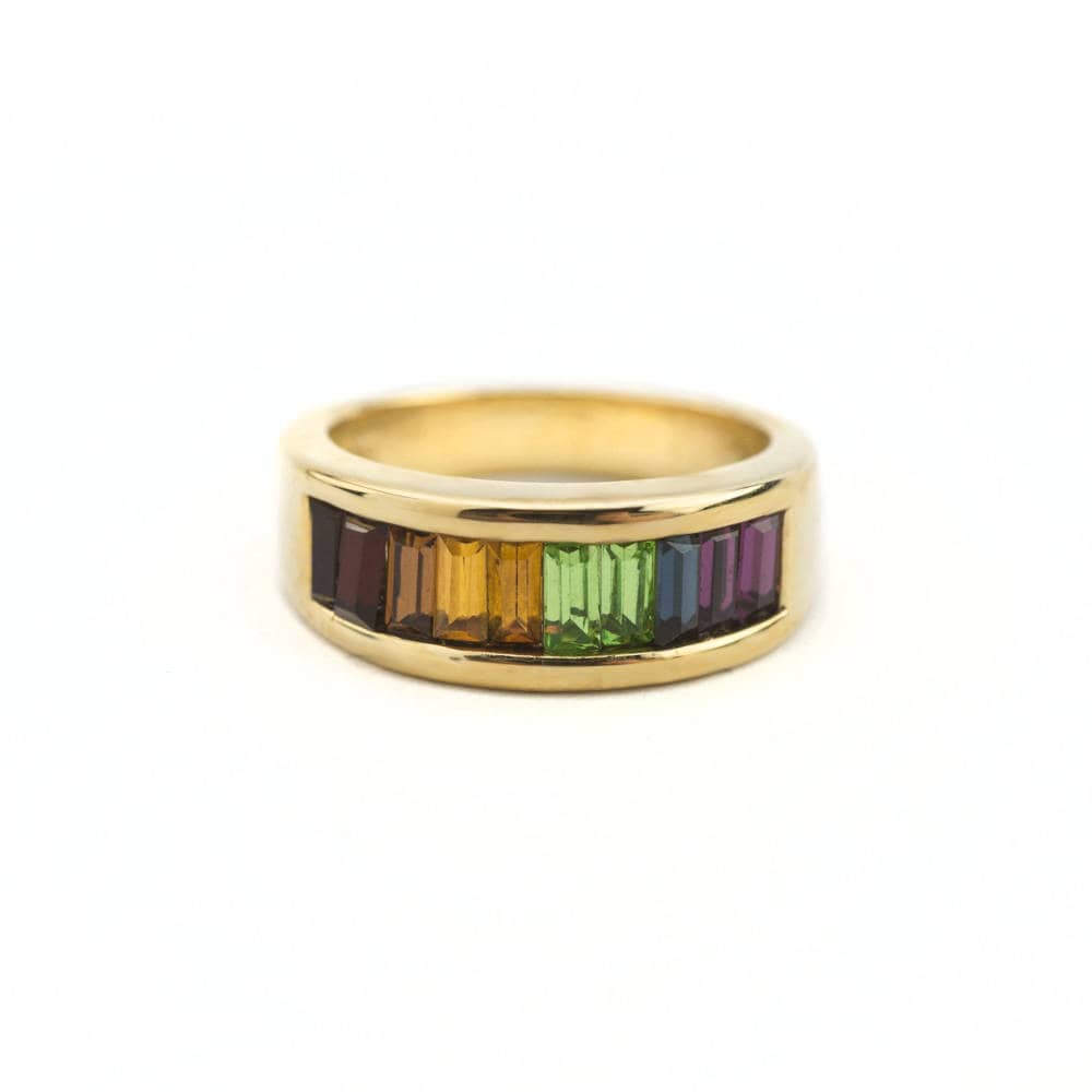 A Vintage Ring Multi Colored Rainbow Style Swarovski Crystals 18k Gold 1970s Era #R3077 - Limited Stock - Never Worn