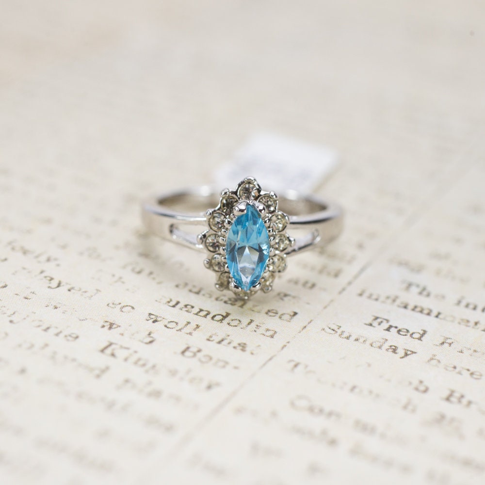 Vintage Ring Aquamarine and Clear Swarovski Crystals 18kt White Gold Silver March Birthstone Made in USA #R1314 - Limited Stock - Never Worn