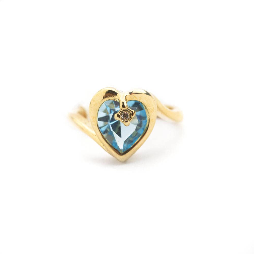 Vintage Ring 1970s Heart Shape Ring with Aquamarine Swarovski Crystal 18k Gold Antique Womans Jewlery #R1400 - Limited Stock - Never Worn