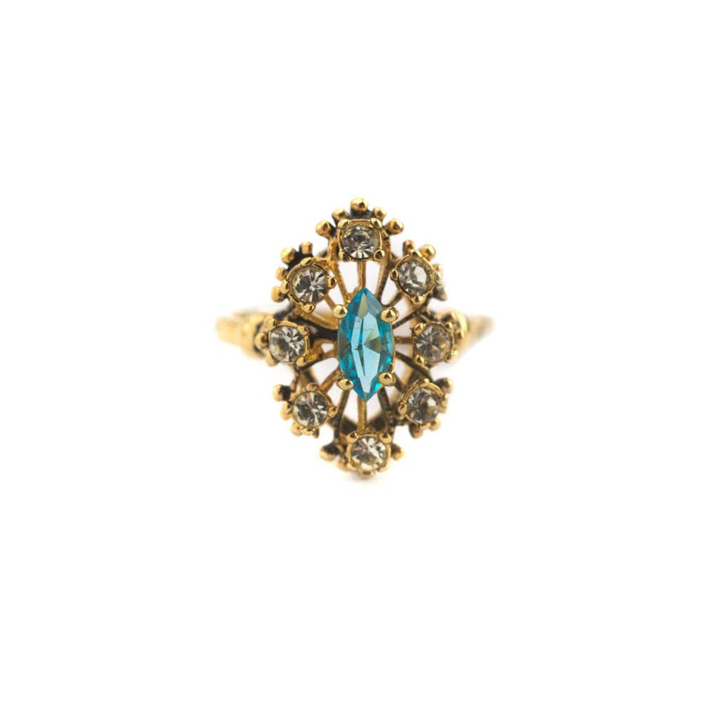 Vintage Ring Cocktail Ring set with Blue Topaz and Clear Swarovski Crystals Antique 18k Gold Jewelry for Woman #R250