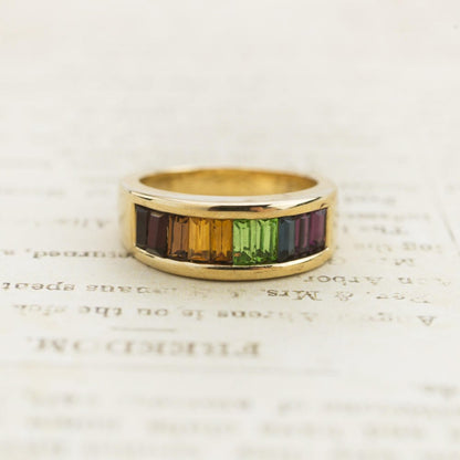 A Vintage Ring Multi Colored Rainbow Style Swarovski Crystals 18k Gold 1970s Era #R3077