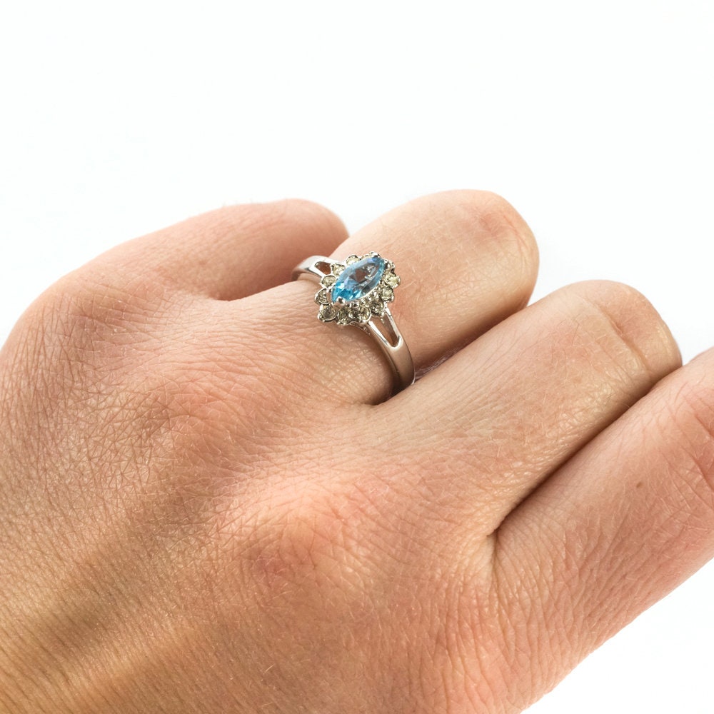 Vintage Ring Aquamarine and Clear Swarovski Crystals 18kt White Gold Silver March Birthstone Made in USA #R1314 - Limited Stock - Never Worn