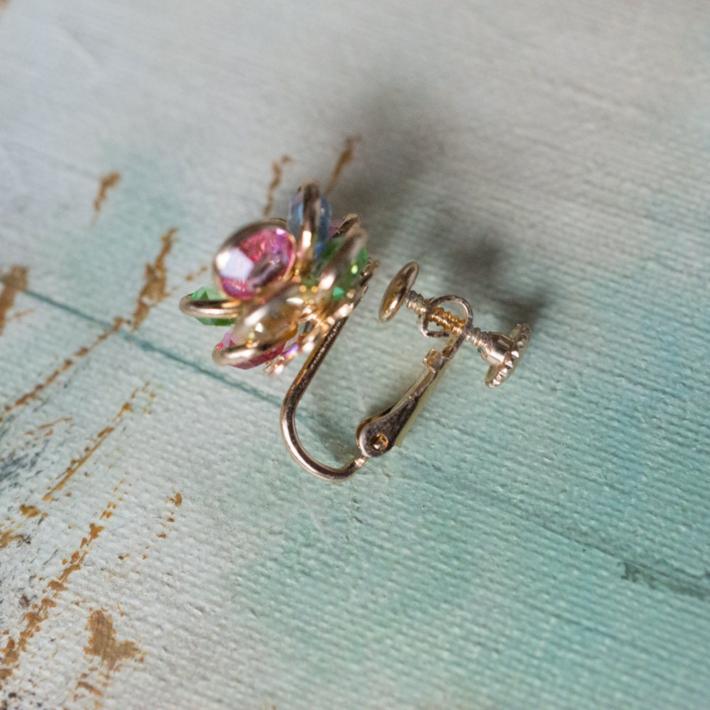 Vintage Earrings Flower Screw Back Pastel Crystal Earrings 18k Gold Antique Womans Jewelry E596 - Limited Stock - Never Worn