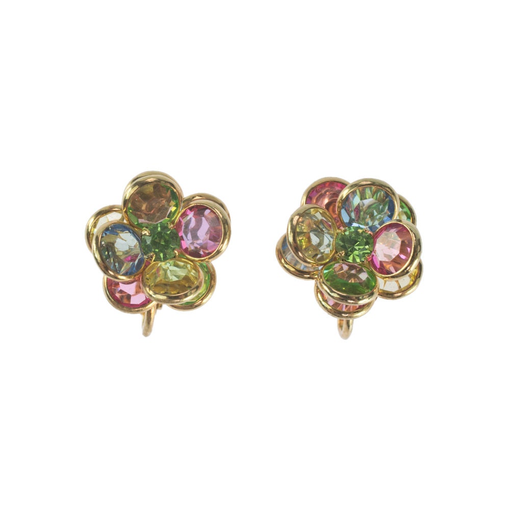 Vintage Earrings Flower Screw Back Pastel Crystal Earrings 18k Gold Antique Womans Jewelry E596 - Limited Stock - Never Worn