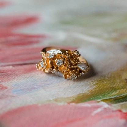 Vintage Ring 1980's Flower Swarovski Crystals 18k Gold Antique Womans Jewelry Rings Handmade Size R1922 - Limited Stock - Never Worn