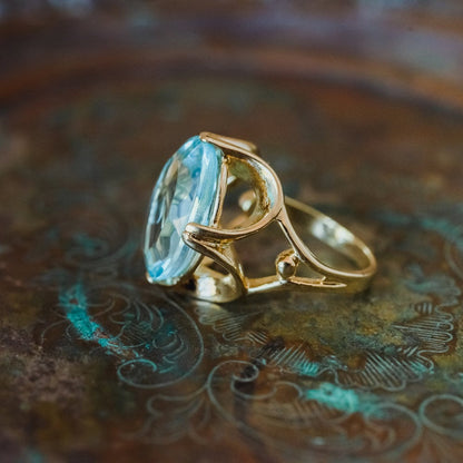 Vintage Ring Cocktail Ring Aquamarine Oval Cut Swarovski Crystal 18k Gold Womans Jewelry Handmade #R419 - Limited Stock - Never Worn