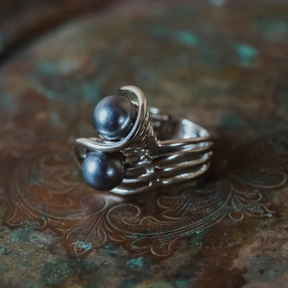 Vintage Ring 1970's Gray Glass Pearl Ring 18k White Gold Silver  R3033 - Limited Stock - Never Worn