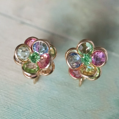 Vintage Earrings Flower Screw Back Pastel Crystal Earrings 18k Gold Antique Womans Jewelry E596