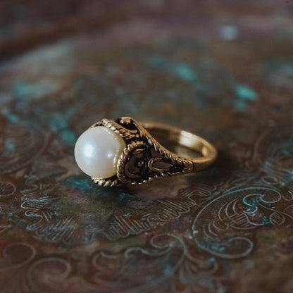 A Vintage Ring 1970s Pearl Bead 18k Gold #R779 Antique Womans Jewelry